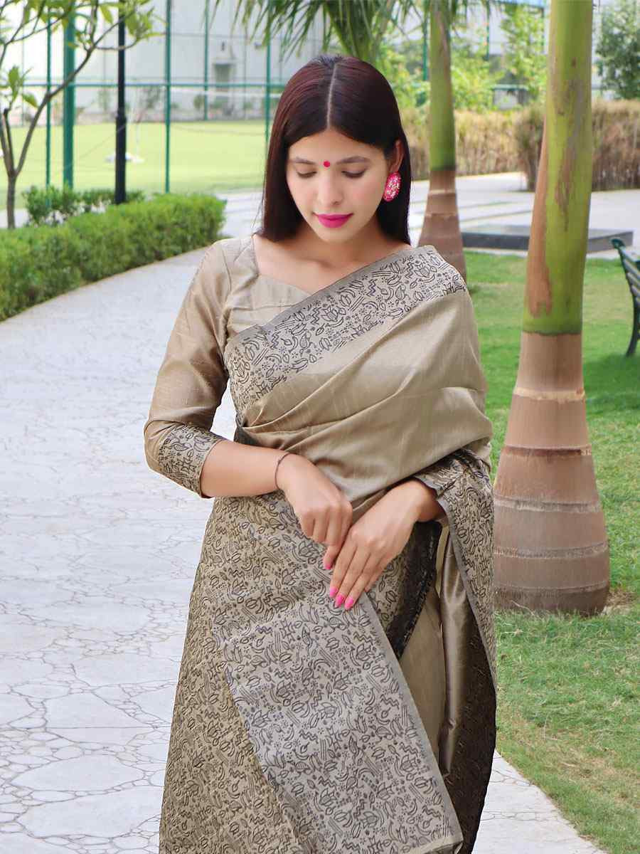 Beige Raw Silk Printed Festival Wedding Fancy Heavy Border Saree
