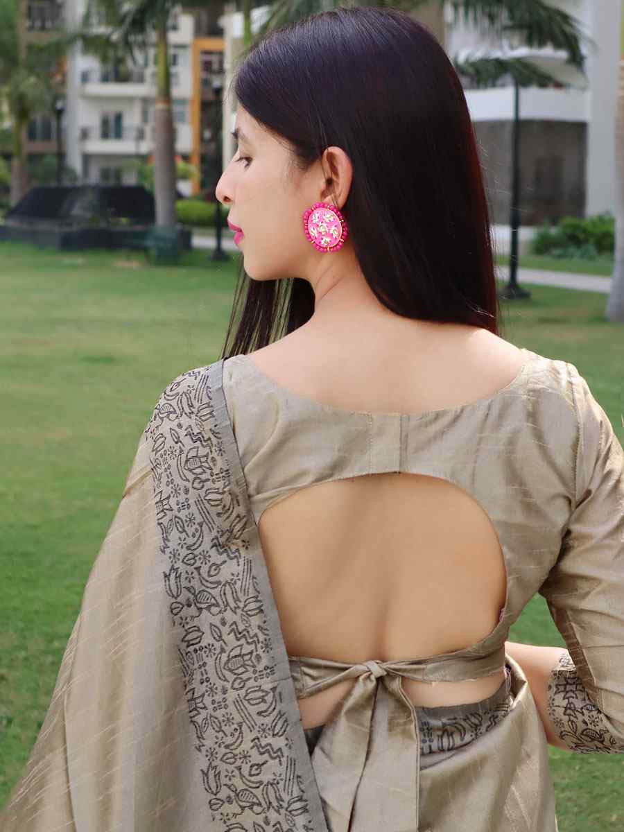 Beige Raw Silk Printed Festival Wedding Fancy Heavy Border Saree