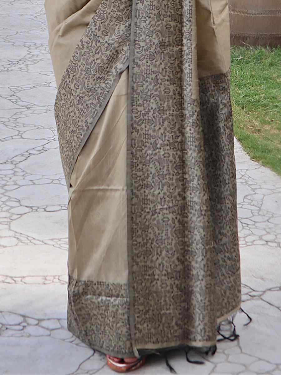 Beige Raw Silk Printed Festival Wedding Fancy Heavy Border Saree