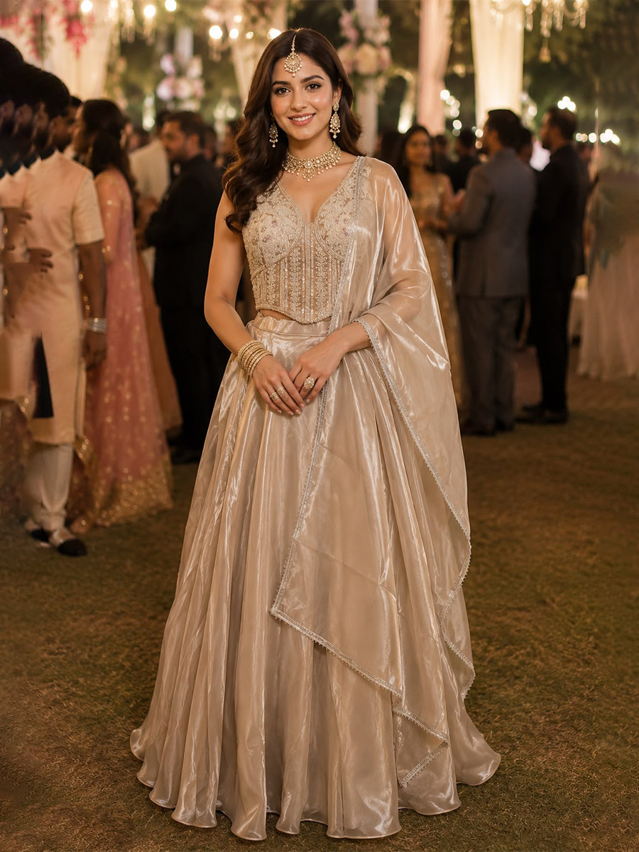 Beige Real Premium Fandy Silk Embroidery Zari Sequins Beads Work Wedding Reception Festival Ready Circular Lehenga Choli