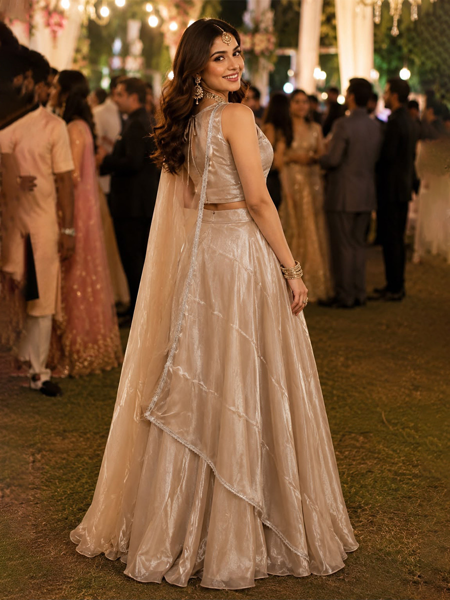 Beige Real Premium Fandy Silk Embroidery Zari Sequins Beads Work Wedding Reception Festival Ready Circular Lehenga Choli