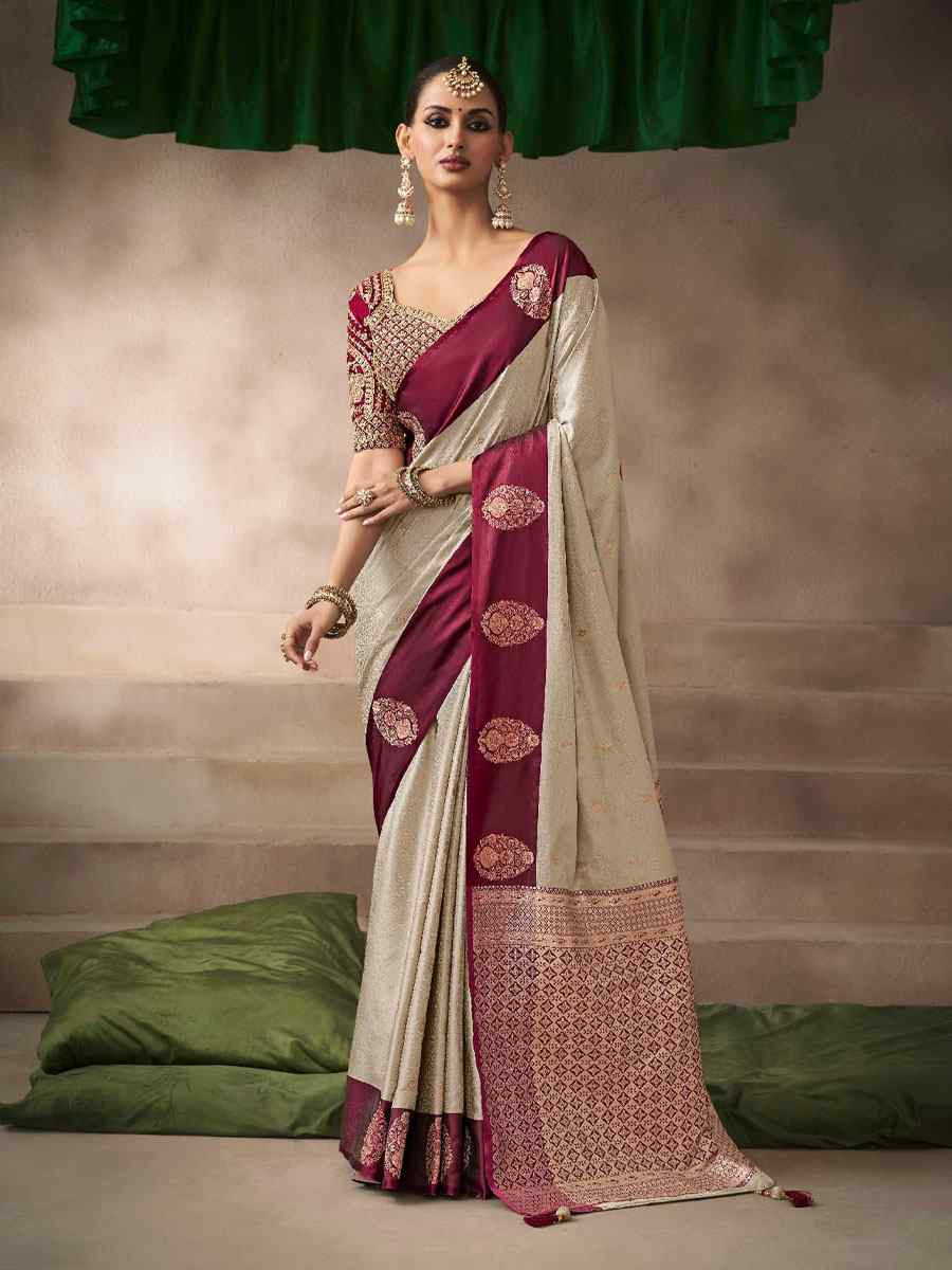 Beige Satin Silk Handwoven Zari Work Traditional Bridal Reception Festival Wedding Fancy Heavy Border Saree