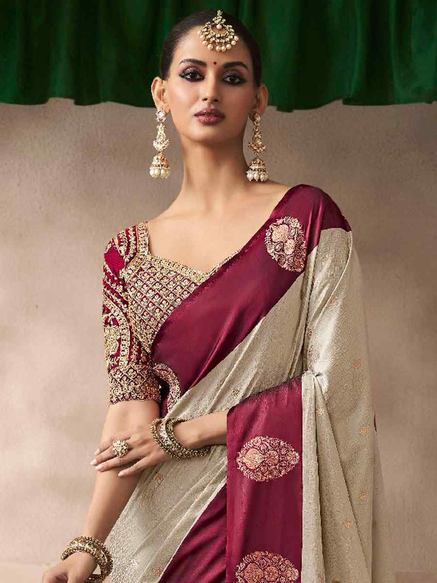 Beige Satin Silk Handwoven Zari Work Traditional Bridal Reception Festival Wedding Fancy Heavy Border Saree