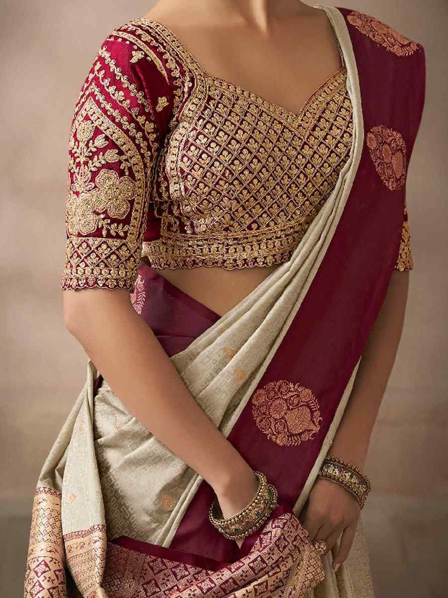 Beige Satin Silk Handwoven Zari Work Traditional Bridal Reception Festival Wedding Fancy Heavy Border Saree