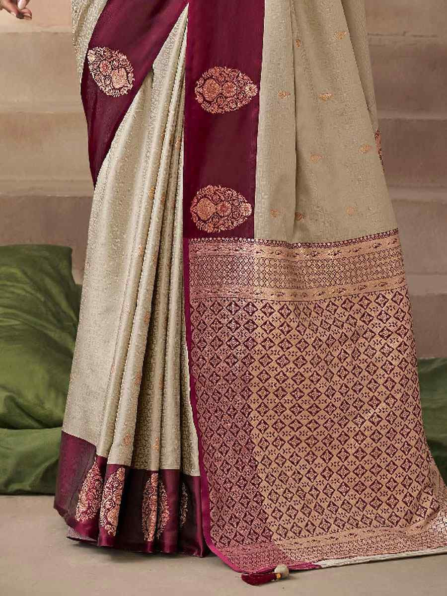 Beige Satin Silk Handwoven Zari Work Traditional Bridal Reception Festival Wedding Fancy Heavy Border Saree