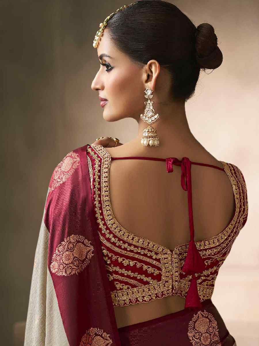 Beige Satin Silk Handwoven Zari Work Traditional Bridal Reception Festival Wedding Fancy Heavy Border Saree