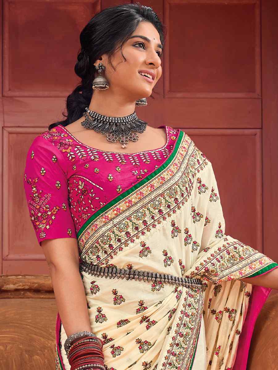 Beige Shana Silk Embroidered Wedding Festival Heavy Border Saree