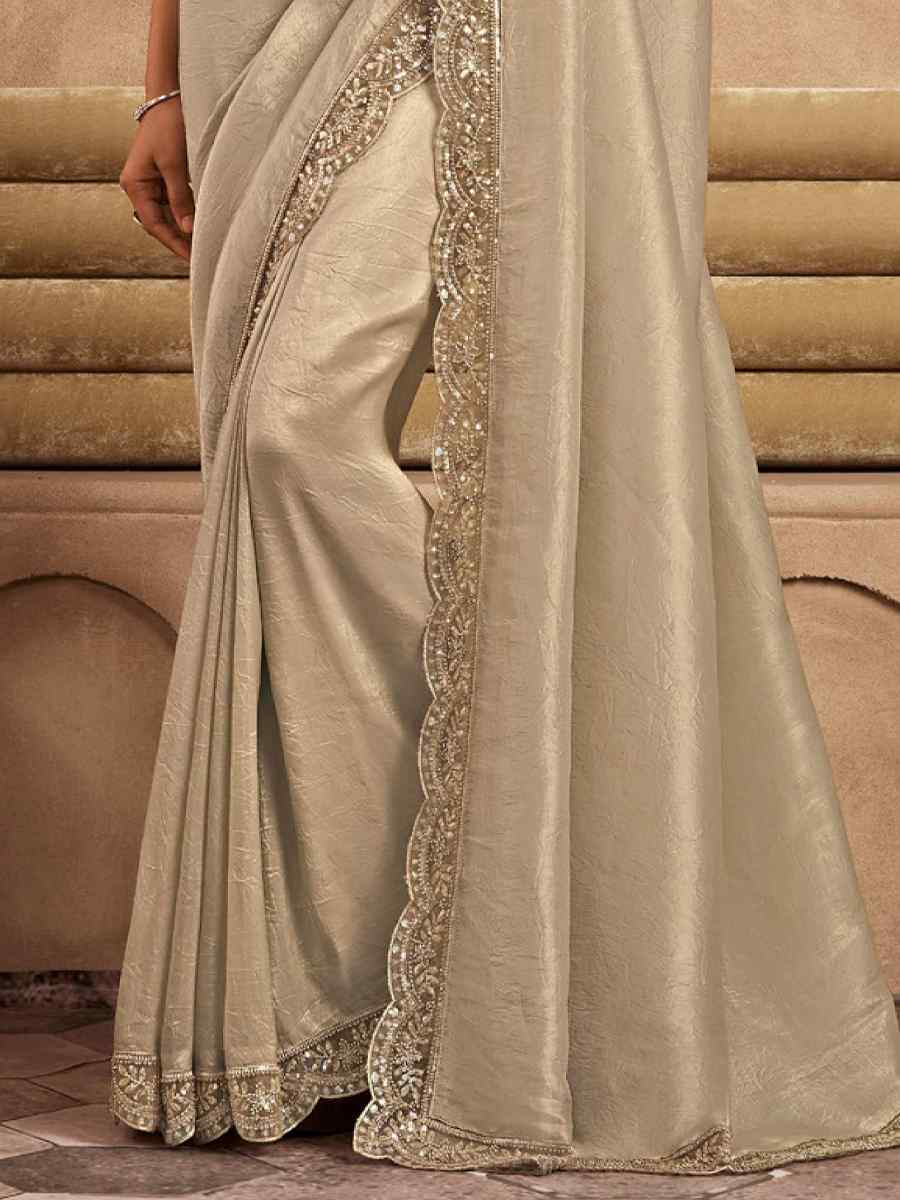 Beige Shine Silk Embroidered Bridesmaid Reception Heavy Border Saree