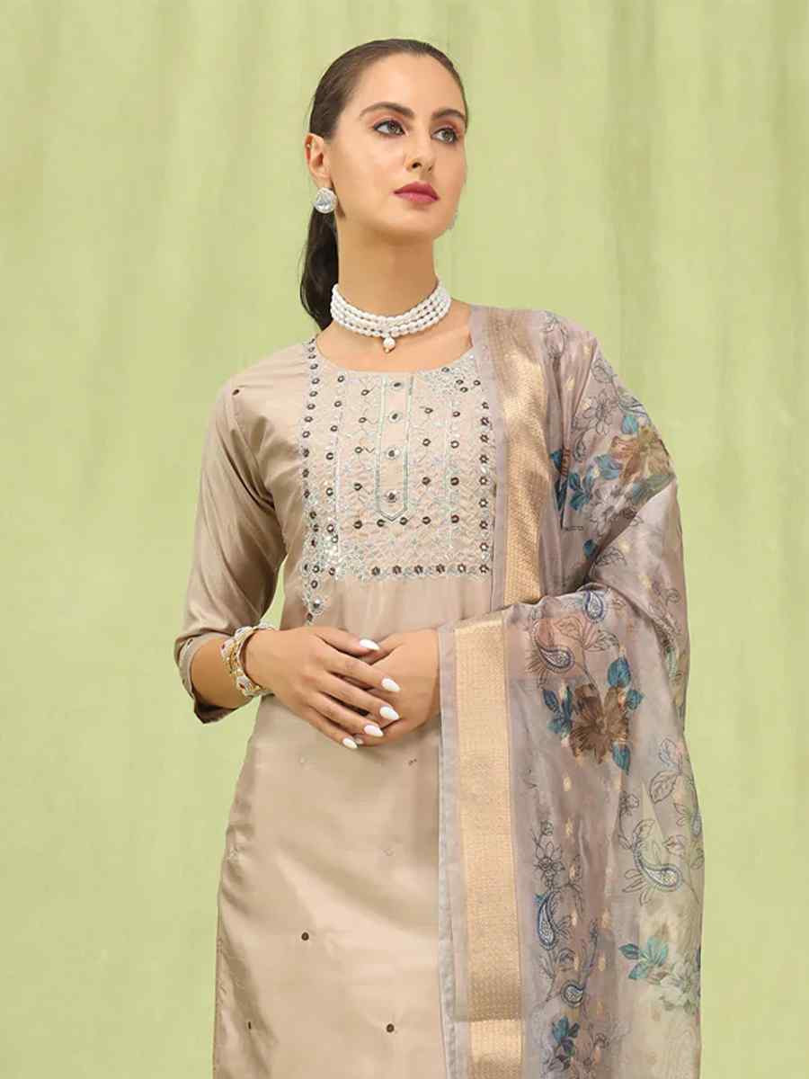 Beige Silk Blend Embroidered Festival Casual Ready Pant Salwar Kameez