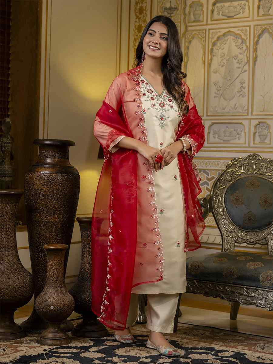 Beige Silk Blend Embroidery Party Wedding Festival Casual Ready Pant Salwar Kameez