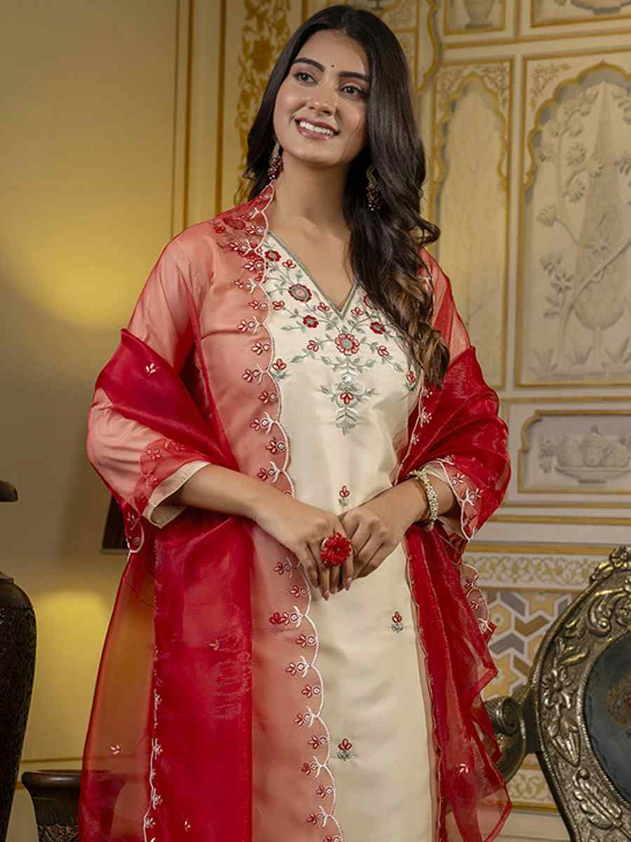 Beige Silk Blend Embroidery Party Wedding Festival Casual Ready Pant Salwar Kameez