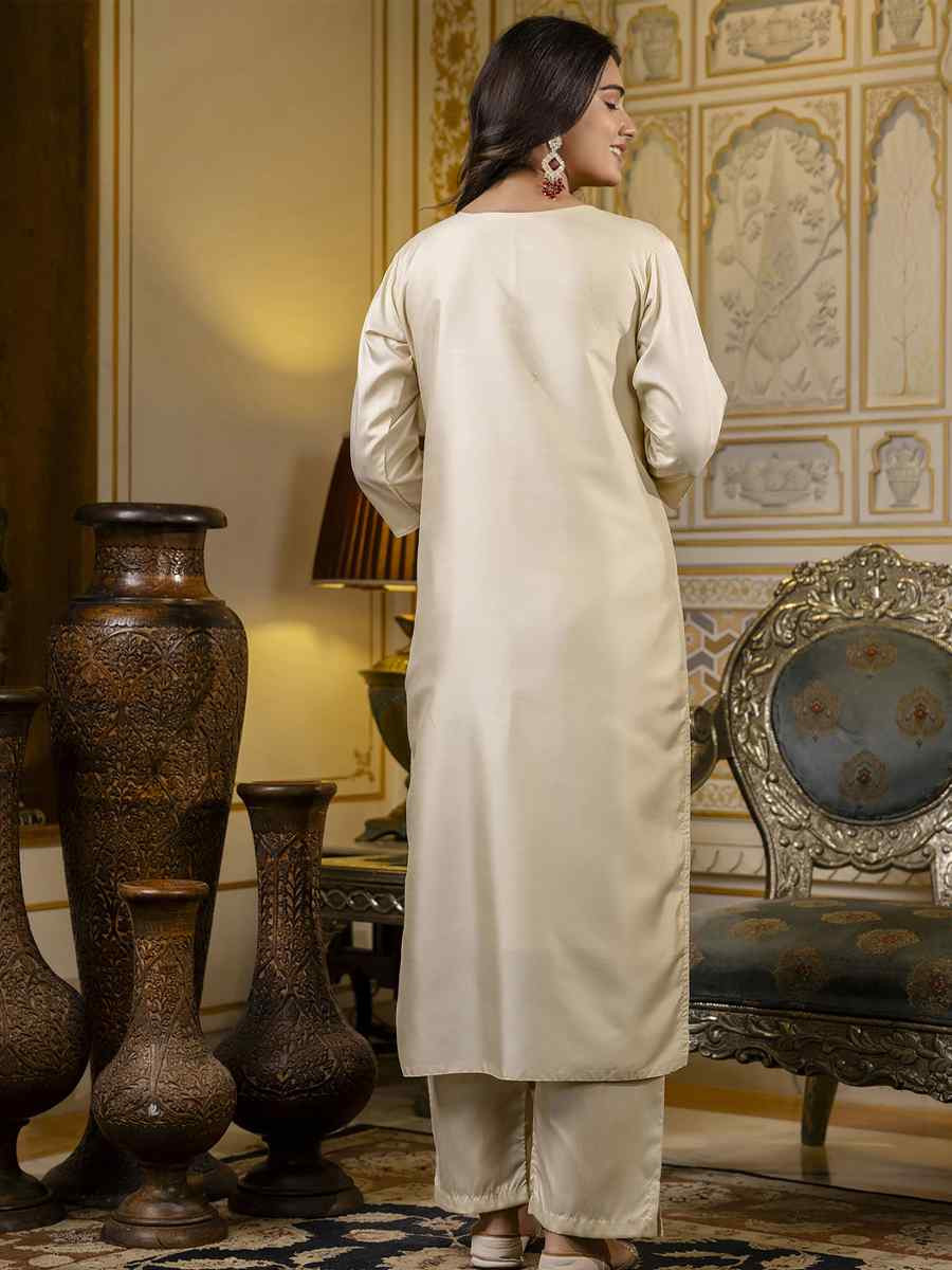 Beige Silk Blend Embroidery Party Wedding Festival Casual Ready Pant Salwar Kameez