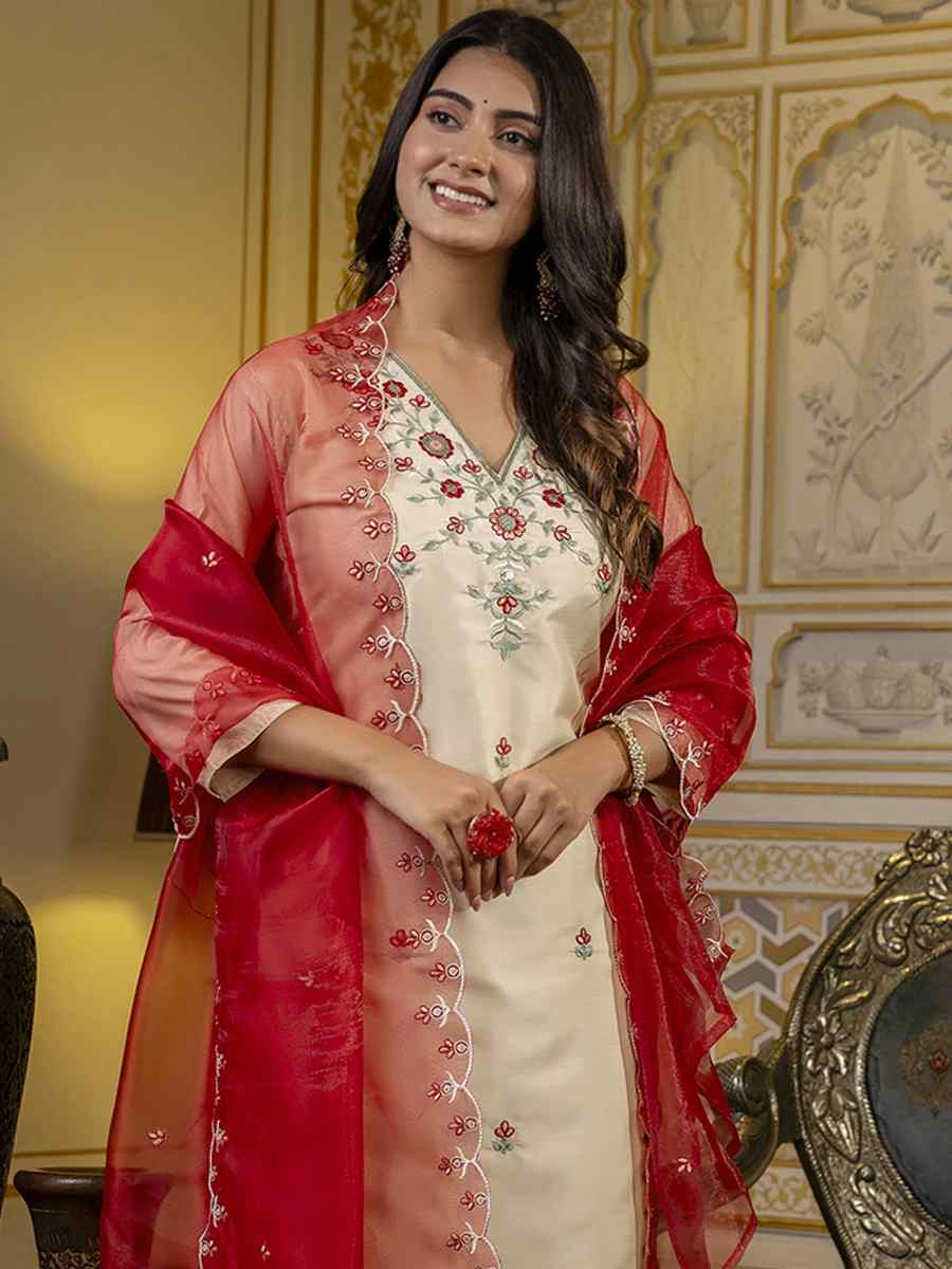 Beige Silk Blend Embroidery Party Wedding Festival Casual Ready Pant Salwar Kameez