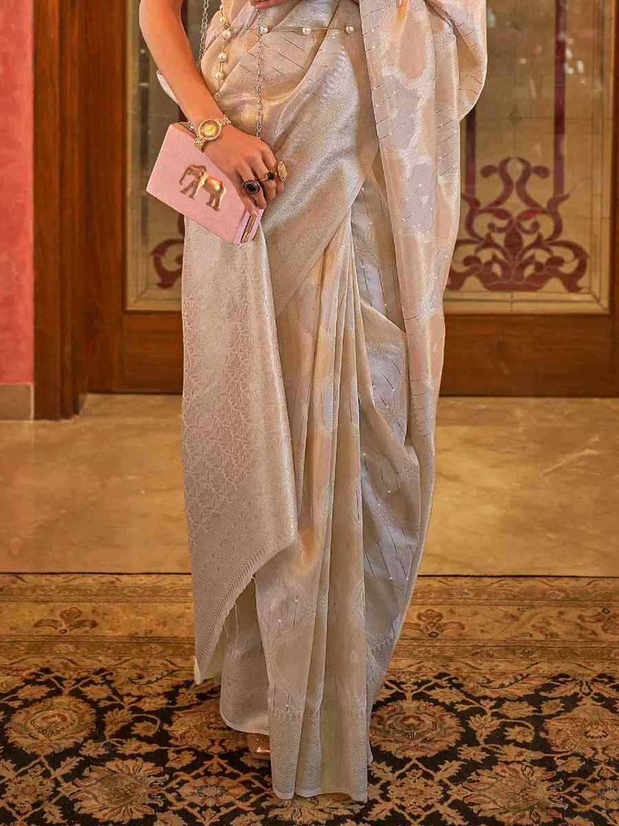 Beige Silk Brocade Wedding Party Contemporary Saree