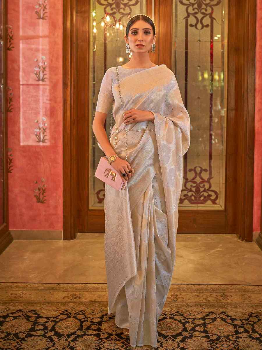 Beige Silk Brocade Wedding Party Contemporary Saree