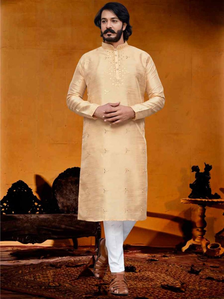 Beige Silk Embroidered Festival Casual Kurta