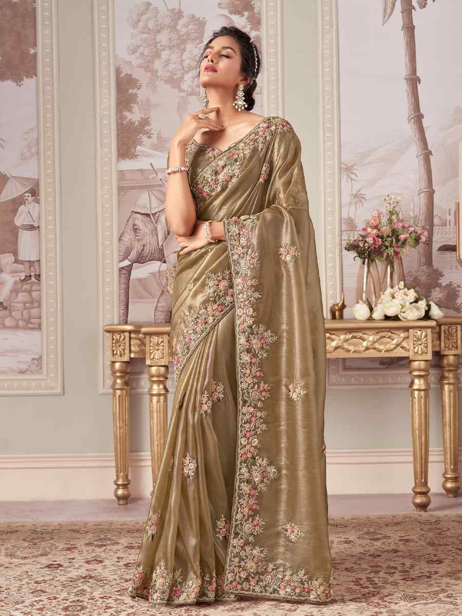 Beige Silk Embroidered Festival Wedding Fancy Heavy Border Saree