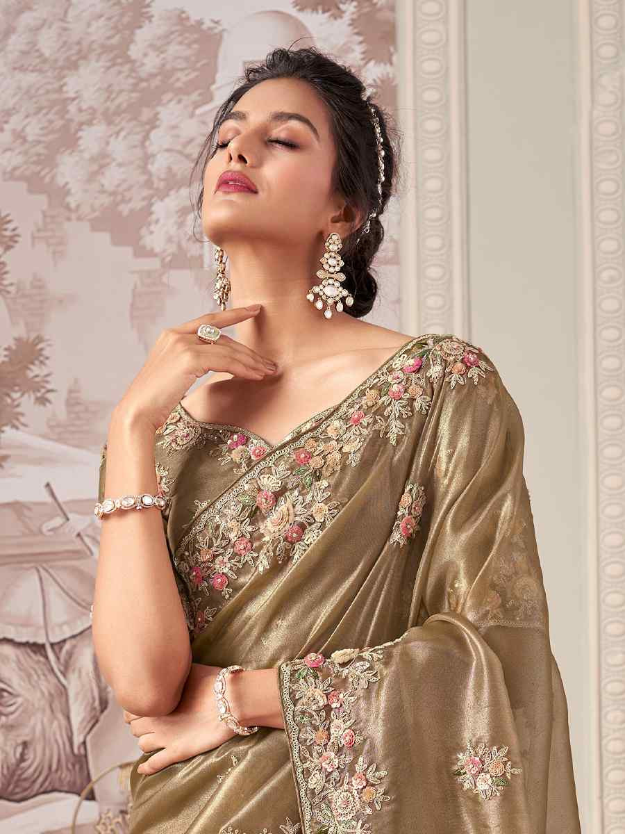 Beige Silk Embroidered Festival Wedding Fancy Heavy Border Saree