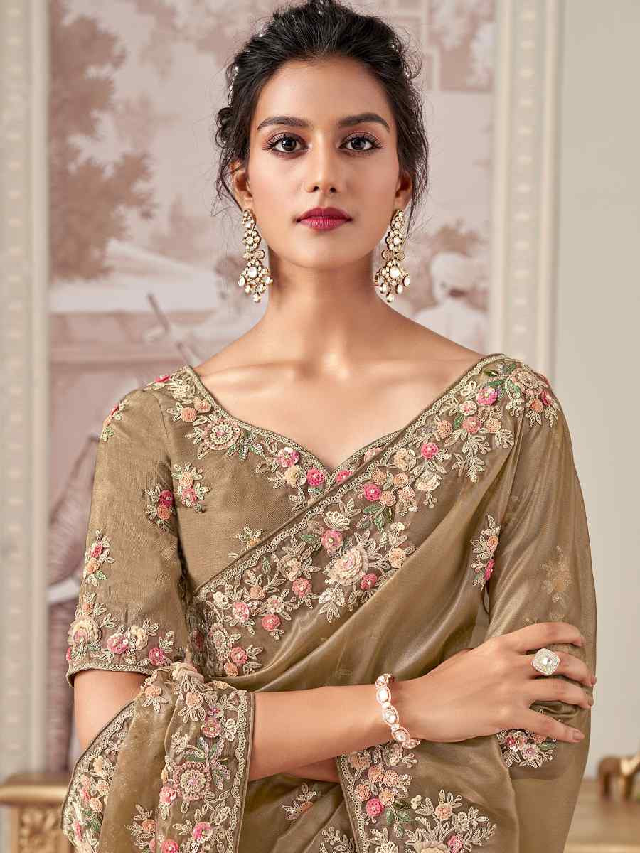 Beige Silk Embroidered Festival Wedding Fancy Heavy Border Saree