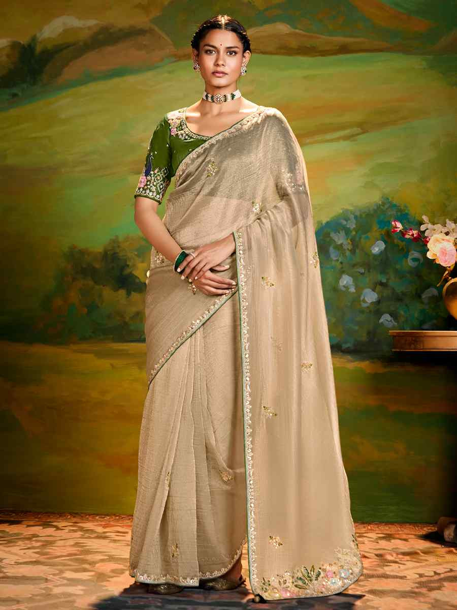 Beige Silk Embroidered Festival Wedding Fancy Heavy Border Saree