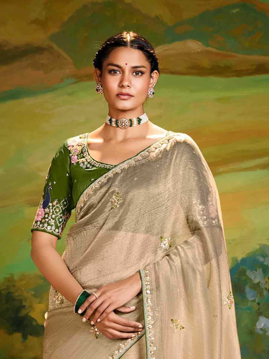Beige Silk Embroidered Festival Wedding Fancy Heavy Border Saree