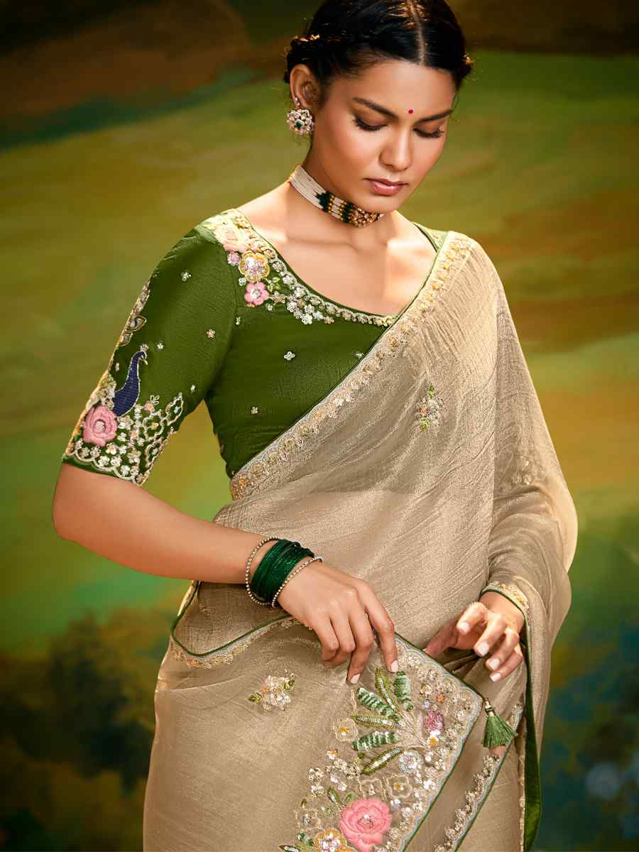 Beige Silk Embroidered Festival Wedding Fancy Heavy Border Saree