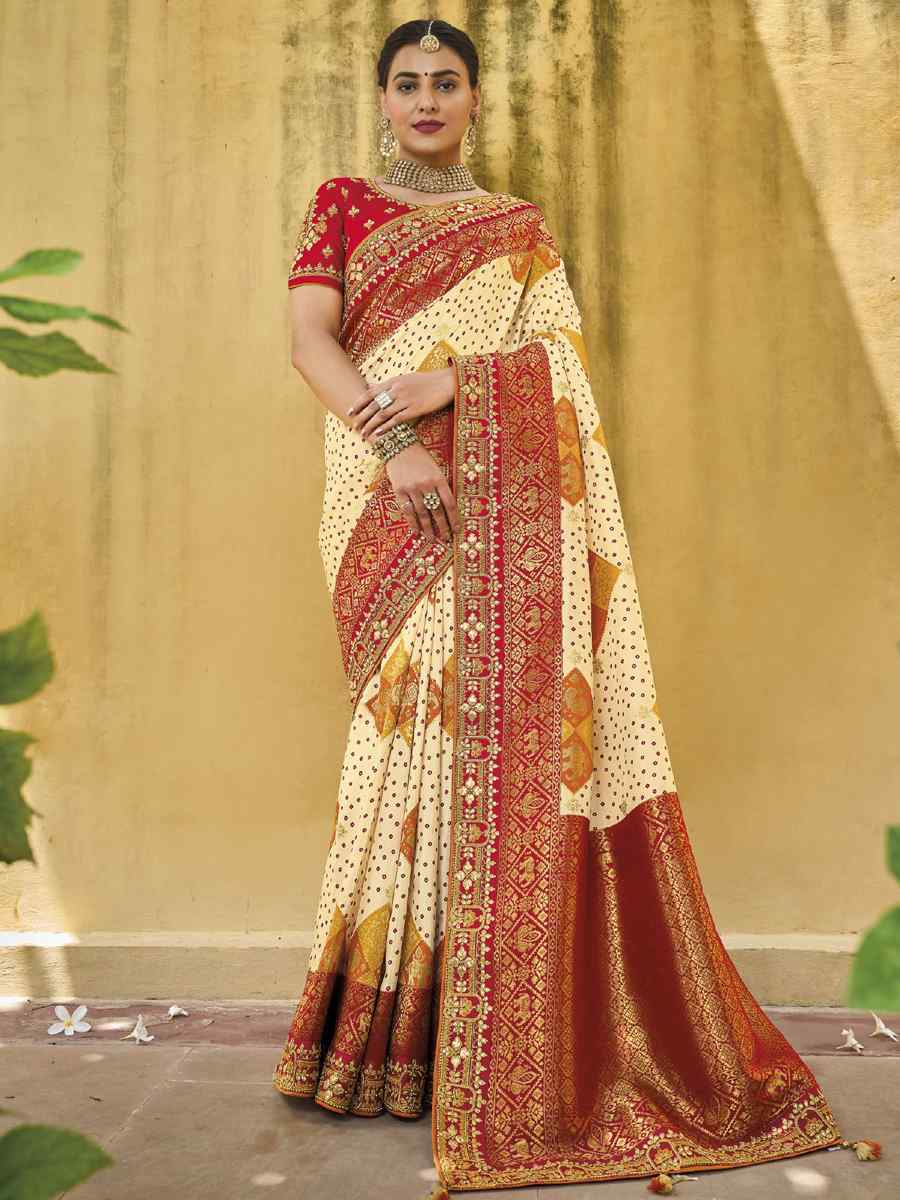 Beige Silk Embroidered Wedding Festival Heavy Border Saree