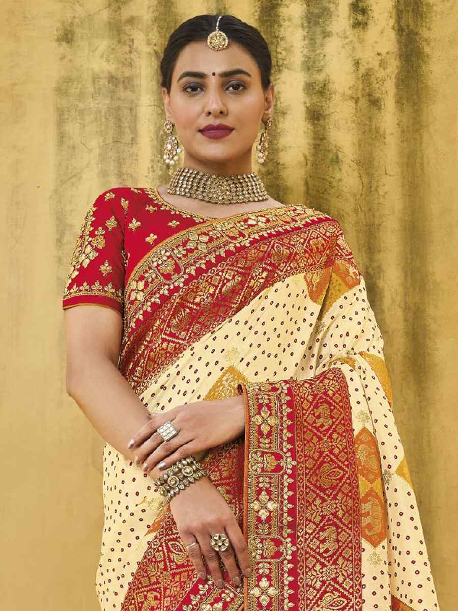 Beige Silk Embroidered Wedding Festival Heavy Border Saree