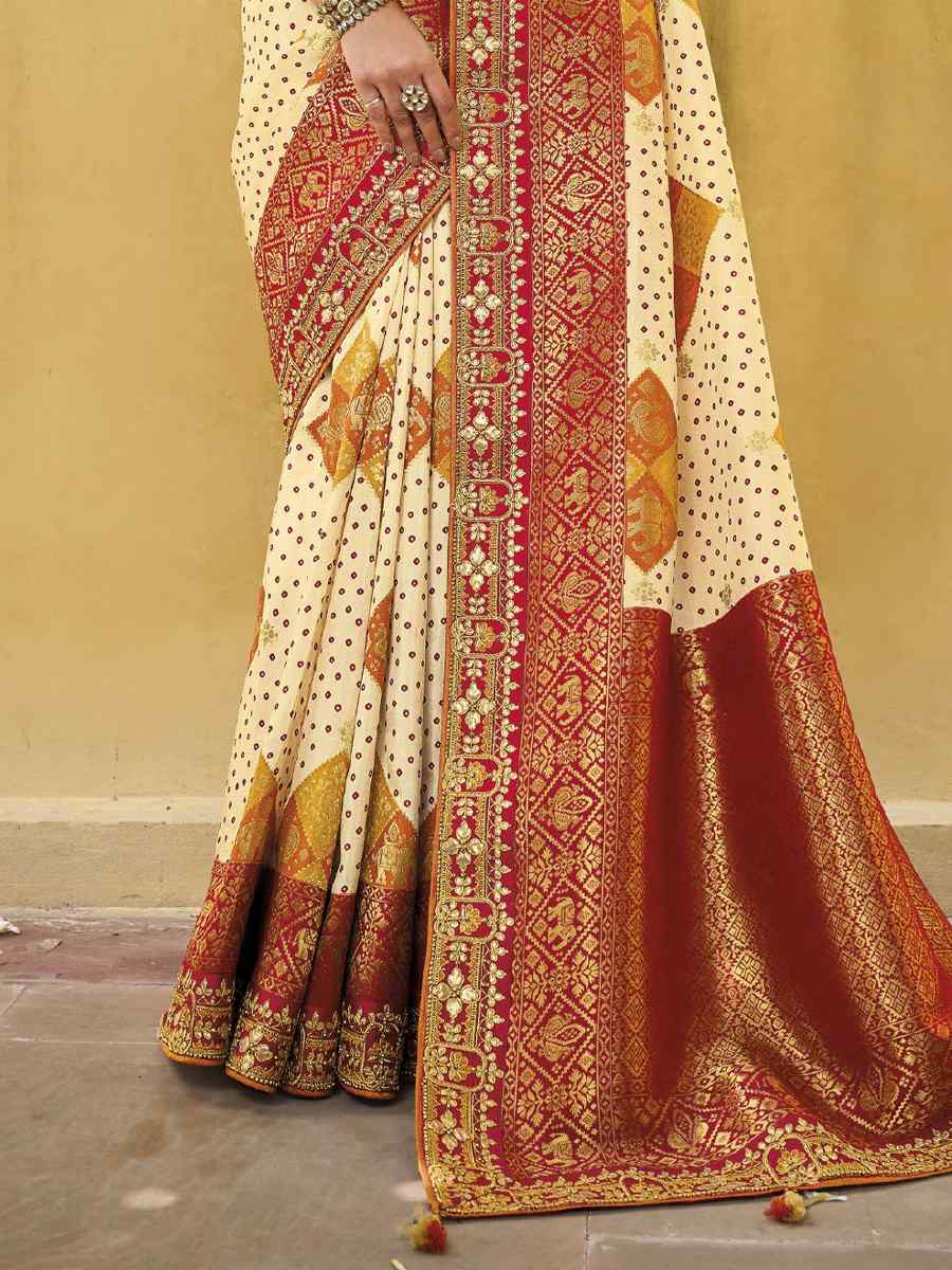 Beige Silk Embroidered Wedding Festival Heavy Border Saree