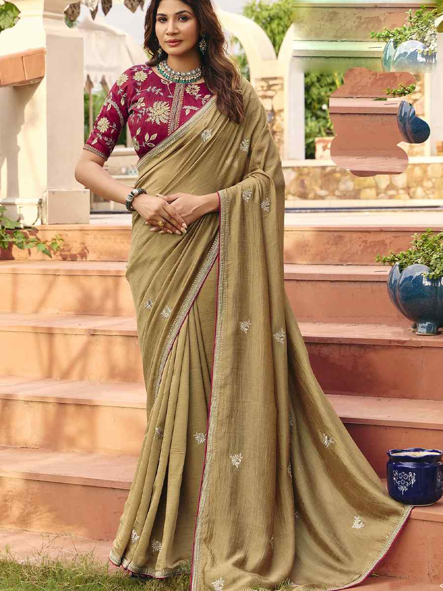 Beige Silk Embroidery Bridal Reception Festival Wedding Fancy Heavy Border Saree