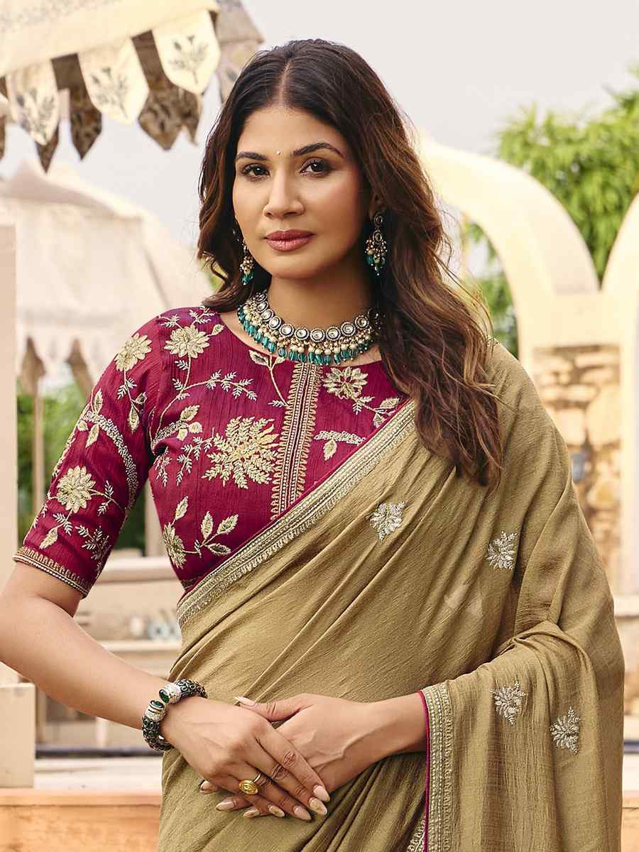 Beige Silk Embroidery Bridal Reception Festival Wedding Fancy Heavy Border Saree