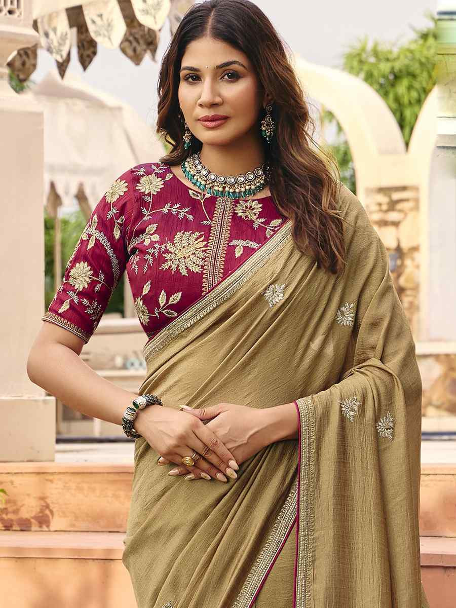 Beige Silk Embroidery Bridal Reception Festival Wedding Fancy Heavy Border Saree