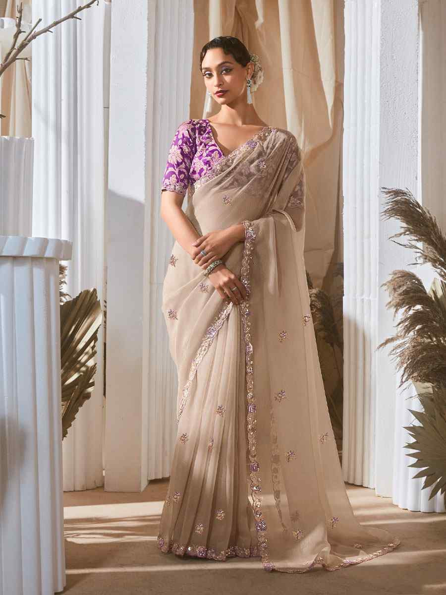 Beige Silk Embroidery Traditional Bridal Reception Festival Wedding Fancy Heavy Border Saree