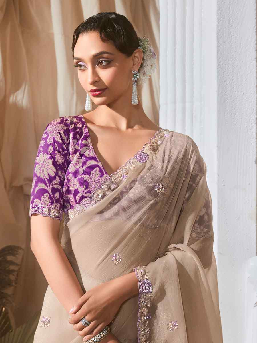 Beige Silk Embroidery Traditional Bridal Reception Festival Wedding Fancy Heavy Border Saree