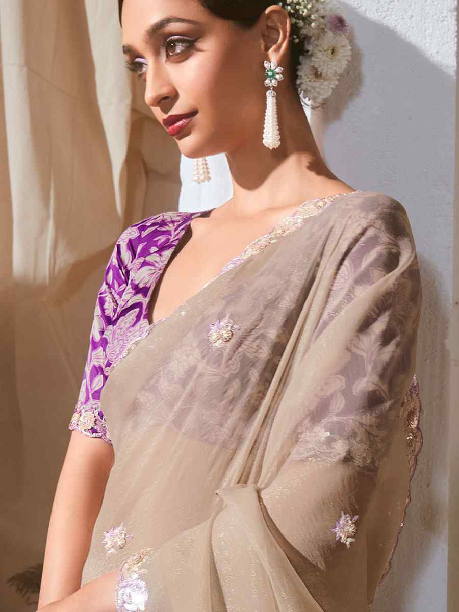 Beige Silk Embroidery Traditional Bridal Reception Festival Wedding Fancy Heavy Border Saree