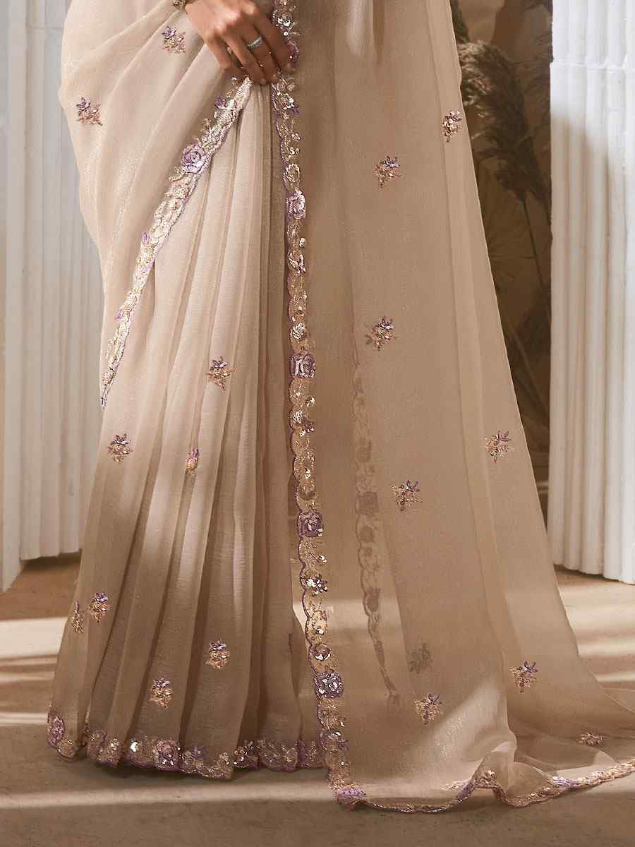 Beige Silk Embroidery Traditional Bridal Reception Festival Wedding Fancy Heavy Border Saree