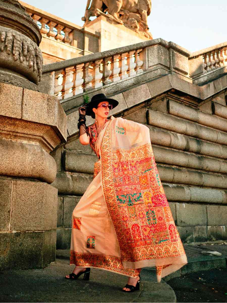 Beige Silk Handwoven Traditional Bridal Reception Festival Wedding Fancy Heavy Border Saree