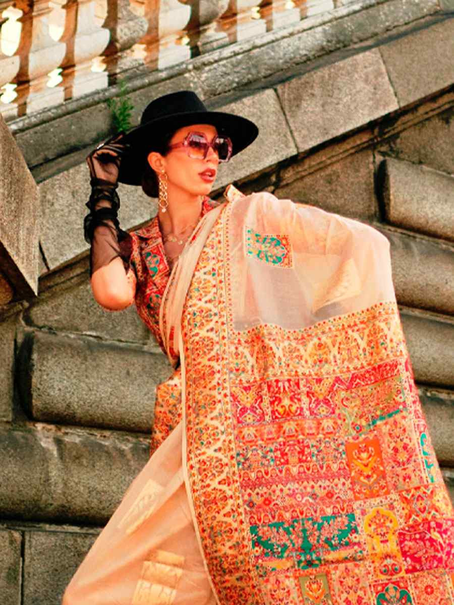 Beige Silk Handwoven Traditional Bridal Reception Festival Wedding Fancy Heavy Border Saree