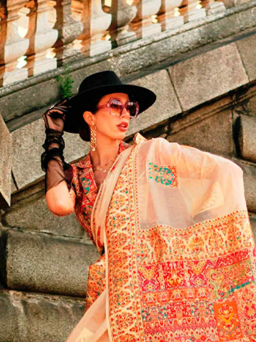 Beige Silk Handwoven Traditional Bridal Reception Festival Wedding Fancy Heavy Border Saree