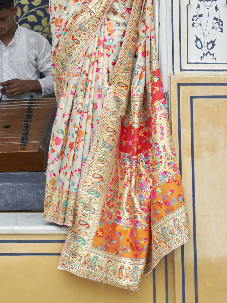 Beige Silk Handwoven Wedding Festival Heavy Border Saree