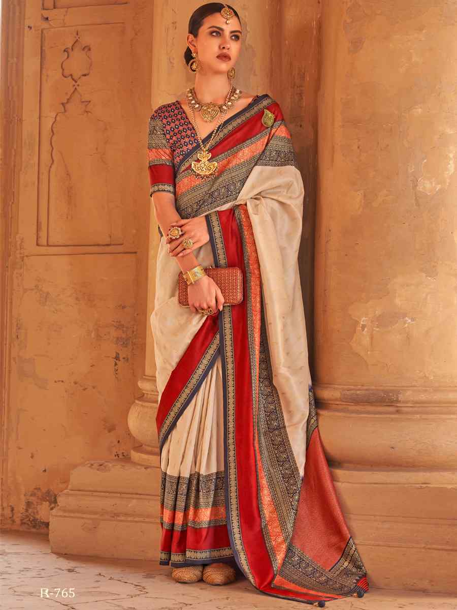 Beige Silk Handwoven Wedding Festival Heavy Border Saree