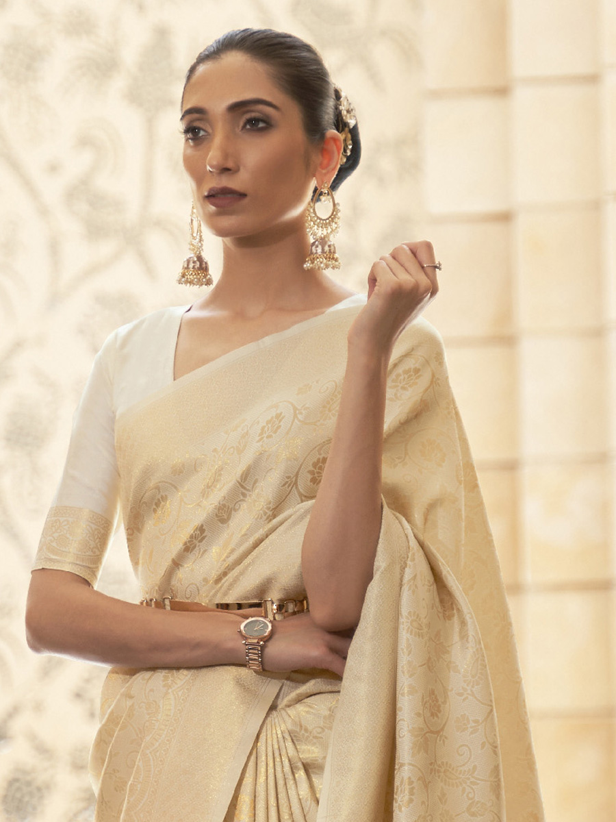 Beige Silk Handwoven Wedding Festival Heavy Border Saree