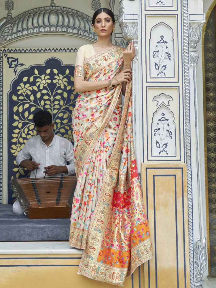 Beige Silk Handwoven Wedding Festival Heavy Border Saree