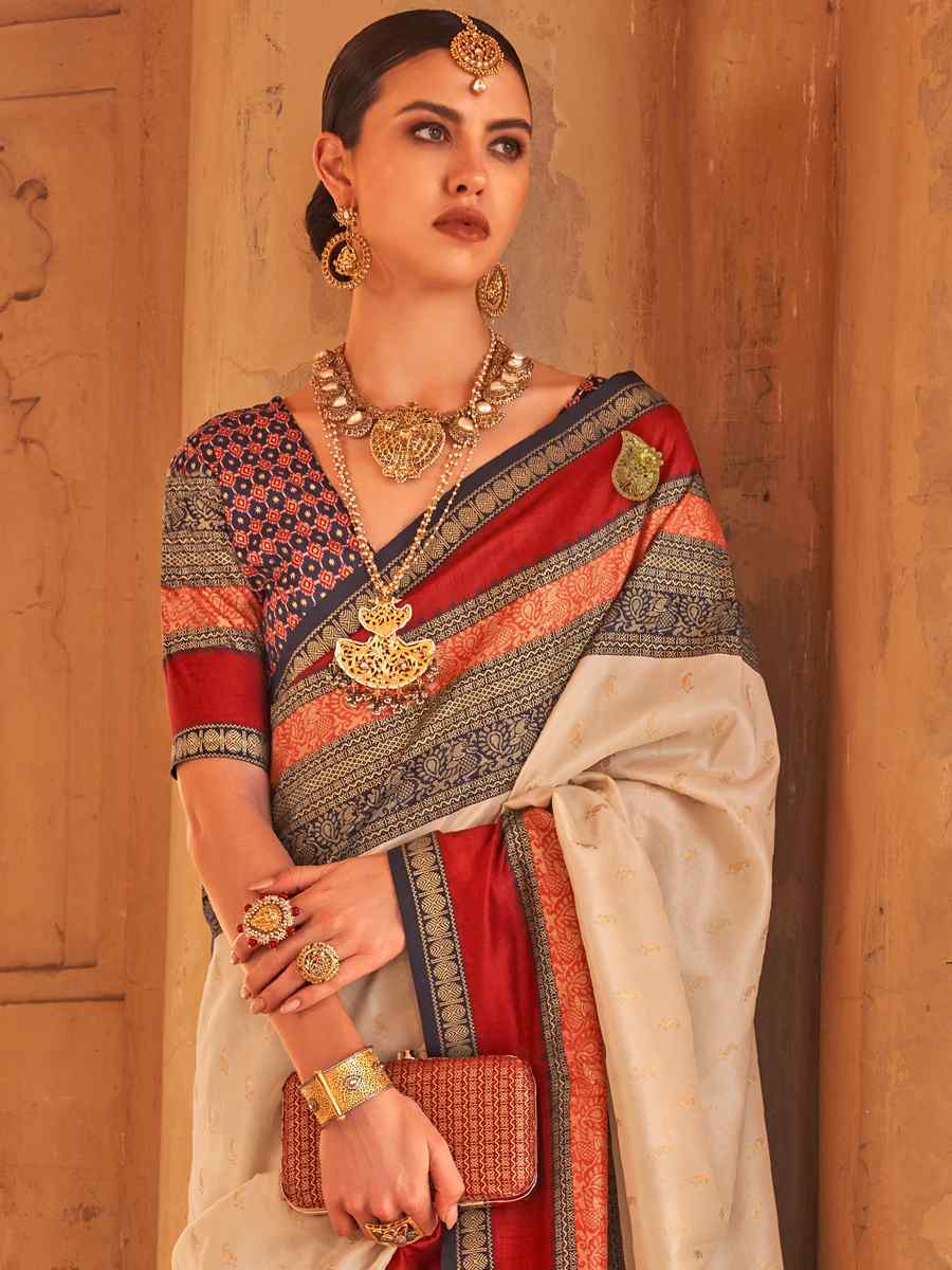 Beige Silk Handwoven Wedding Festival Heavy Border Saree
