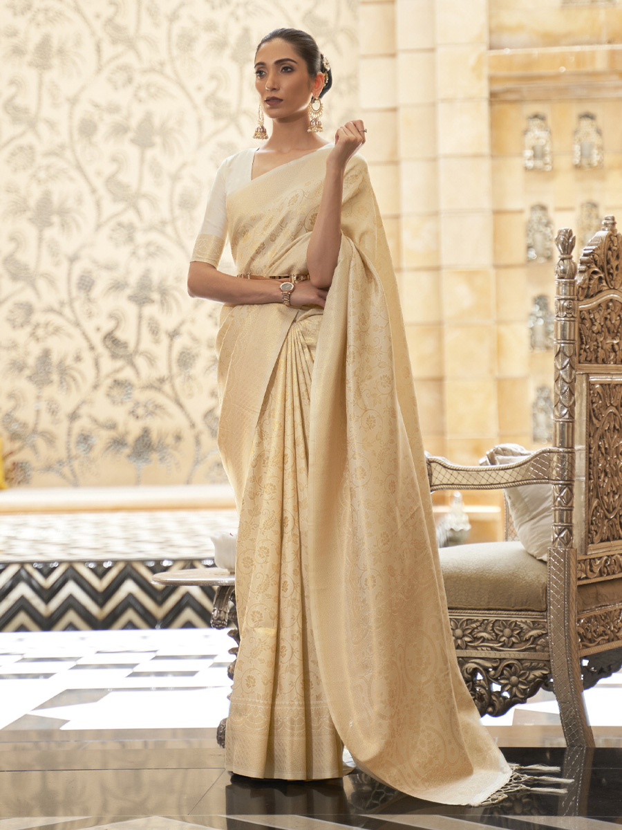 Beige Silk Handwoven Wedding Festival Heavy Border Saree