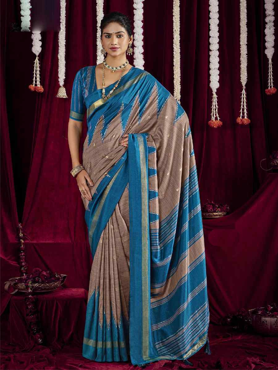 Beige Silk Printed Bridal Reception Festival Wedding Fancy Heavy Border Saree