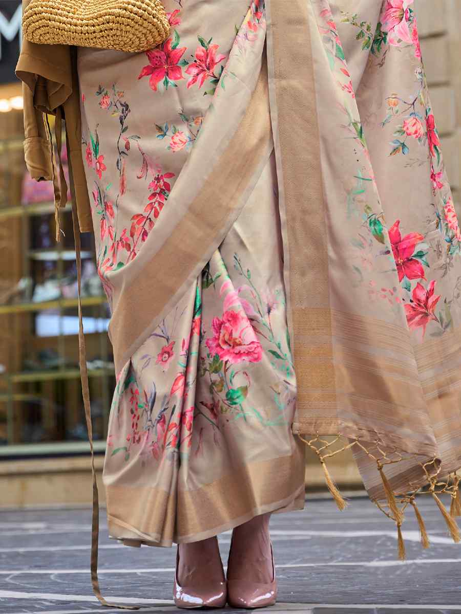 Beige Silk Printed Casual Party Classic Style Saree