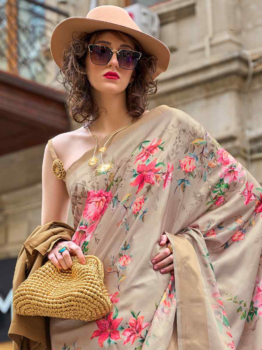 Beige Silk Printed Casual Party Classic Style Saree