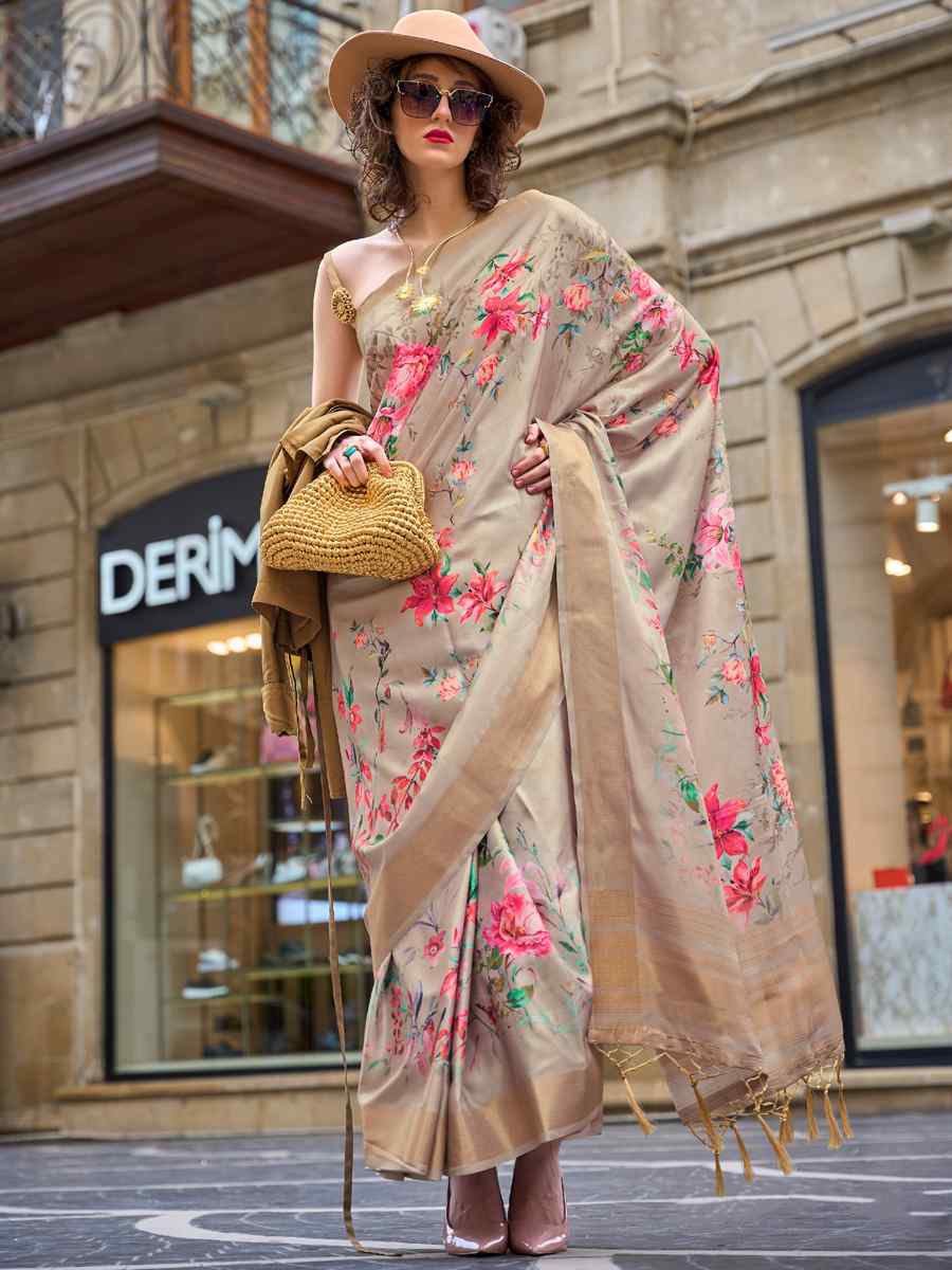 Beige Silk Printed Casual Party Classic Style Saree