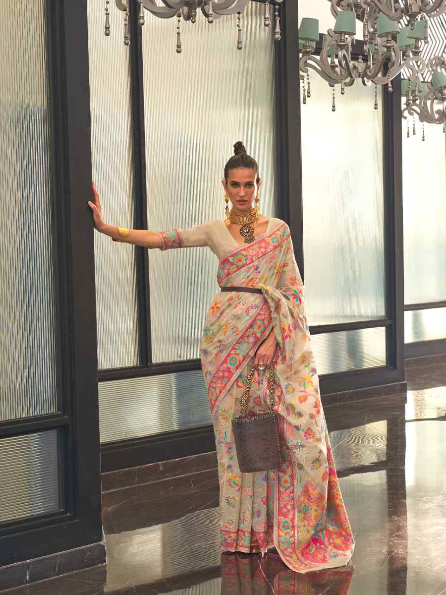 Beige Silk Printed Party Festival Contemporary Saree